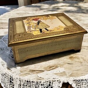 Vintage 70s Holly Hobbie Music Trinket Box Gold Tole Painted Wood Little Girls